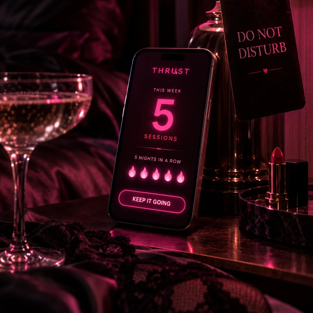 The Thrust streak screen: 5 sessions this week, 5 nights in a row, beside a Do Not Disturb sign