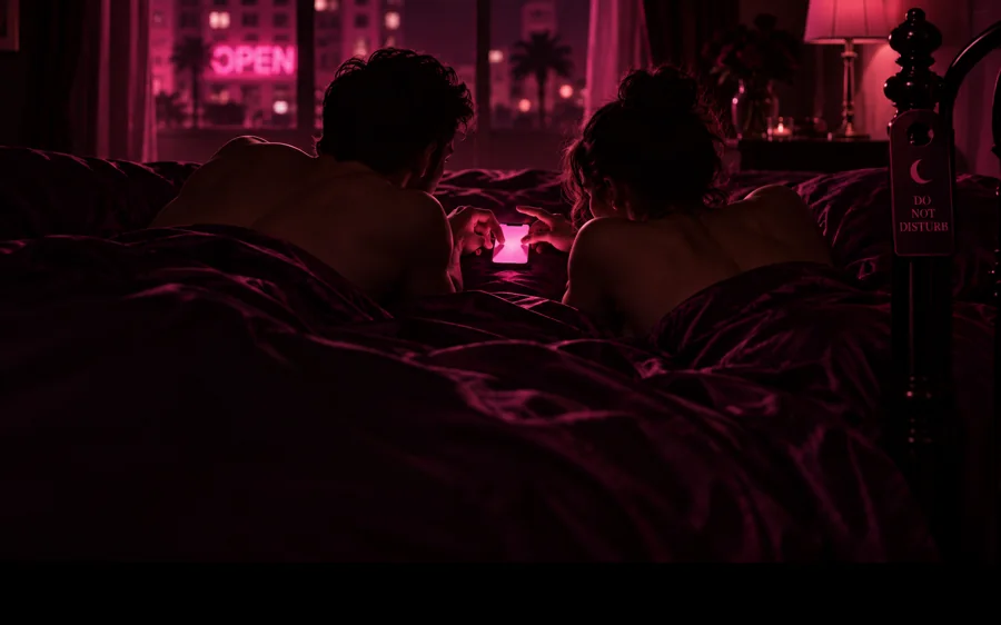 A couple in bed reaching for the same glowing phone